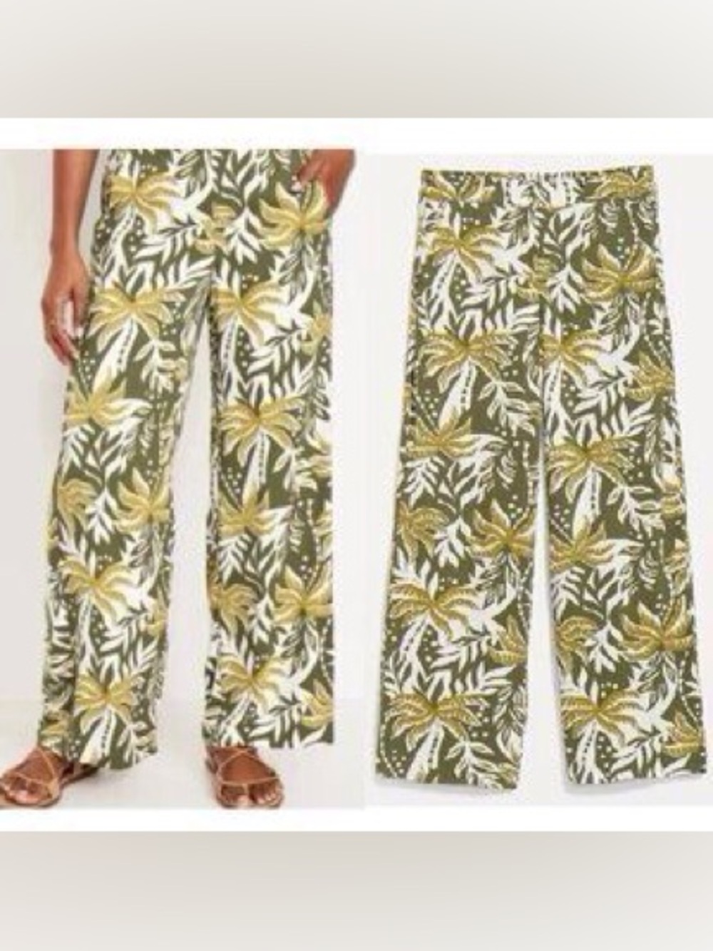 Old Navy Playa Wide-Leg Tropical Print Pants - Olive/Yellow, Size Petite Medium